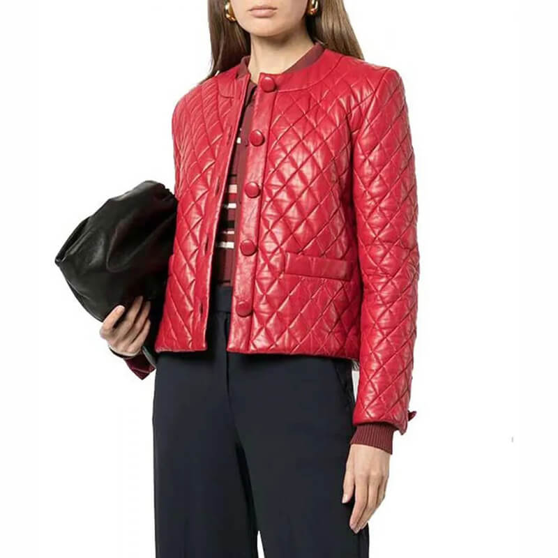 Veste matelassée en cuir rouge sans col pour femme