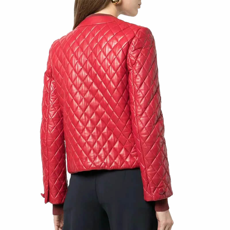 Veste matelassée en cuir rouge sans col pour femme