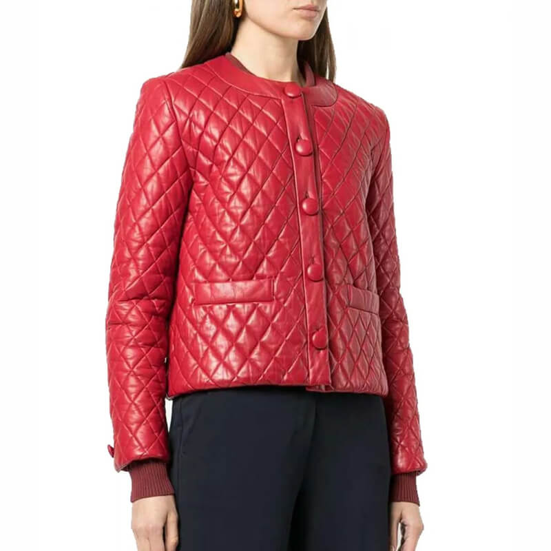 Veste matelassée en cuir rouge sans col pour femme