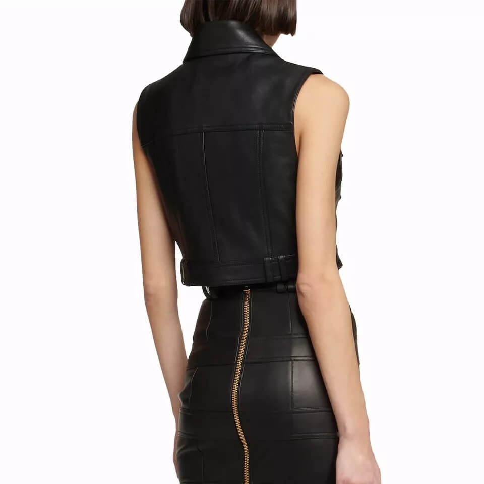 Gilet court en cuir véritable noir pour femme - Gilet d'été