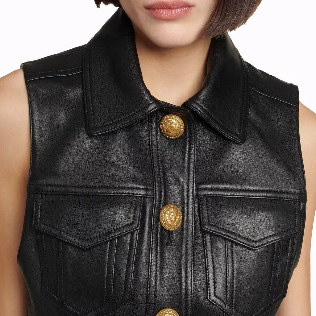 Gilet court en cuir véritable noir pour femme - Gilet d'été