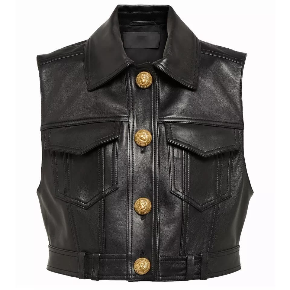 Gilet court en cuir véritable noir pour femme - Gilet d'été