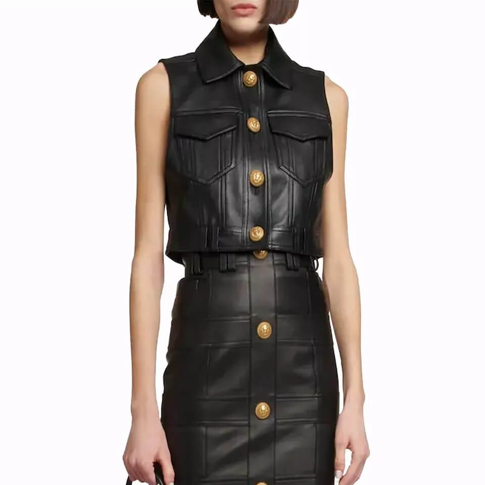 Gilet court en cuir véritable noir pour femme - Gilet d'été