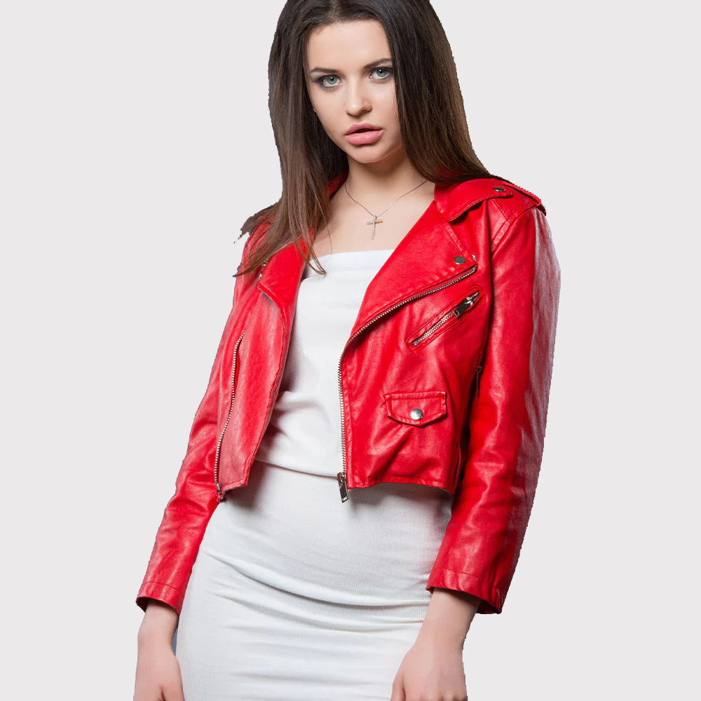 Veste de motard courte en cuir rouge pour femme