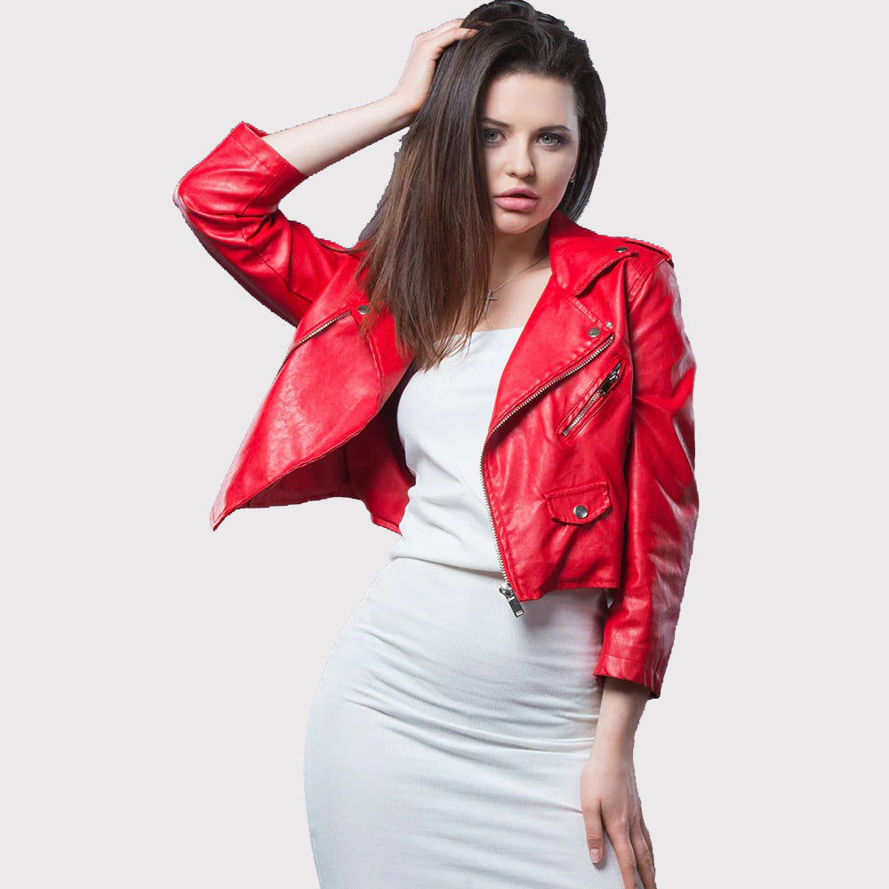 Veste de motard courte en cuir rouge pour femme