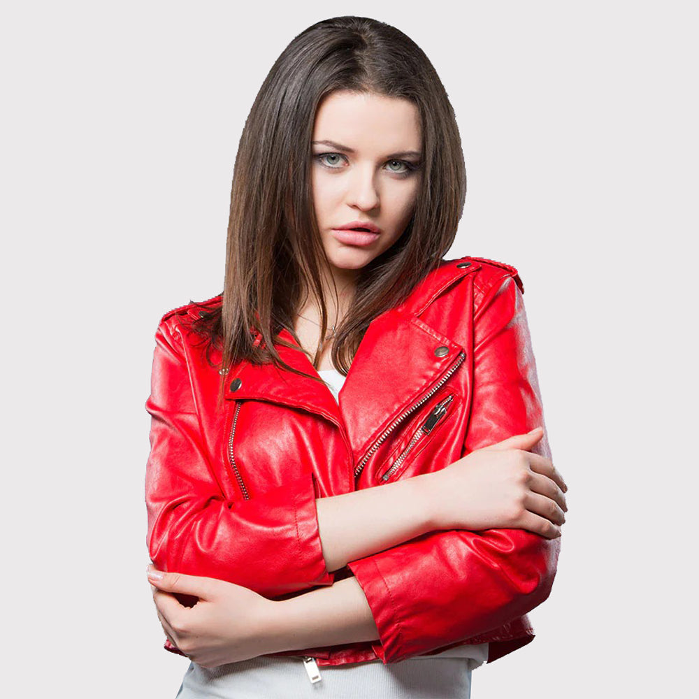 Veste de motard courte en cuir rouge pour femme