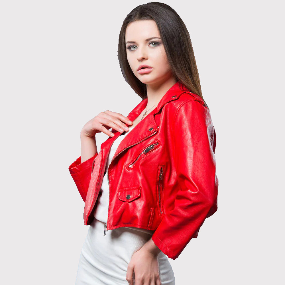 Veste de motard courte en cuir rouge pour femme