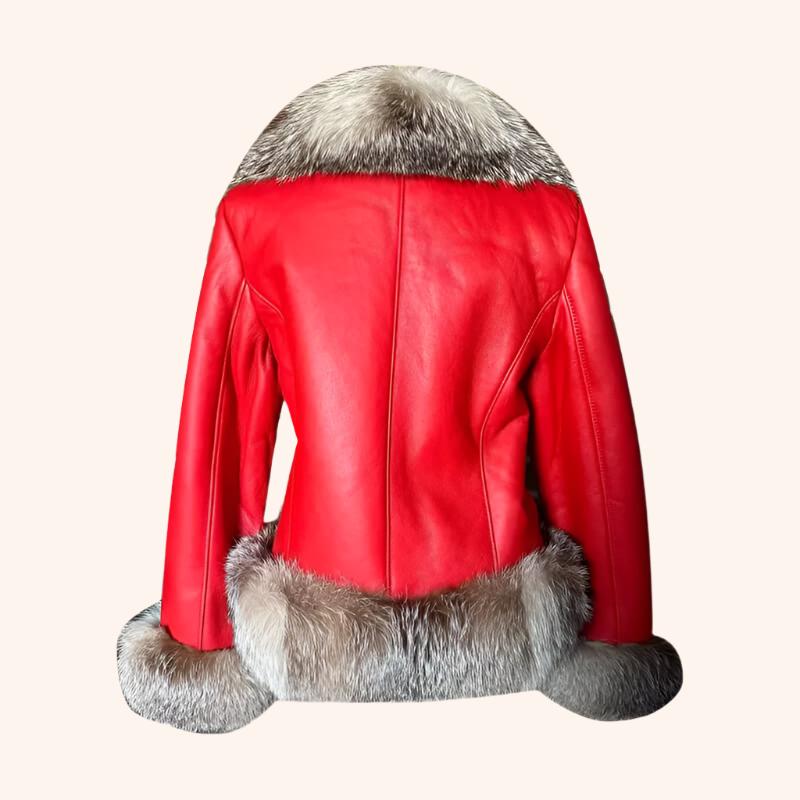 Manteau en peau de mouton rouge pour femme avec fourrure de renard cristal