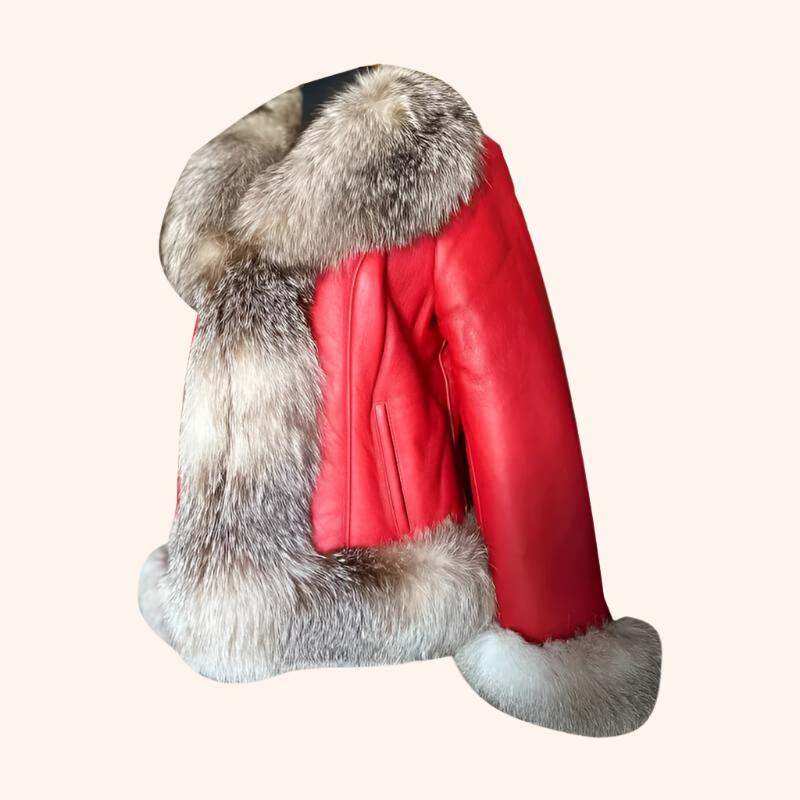 Manteau en peau de mouton rouge pour femme avec fourrure de renard cristal