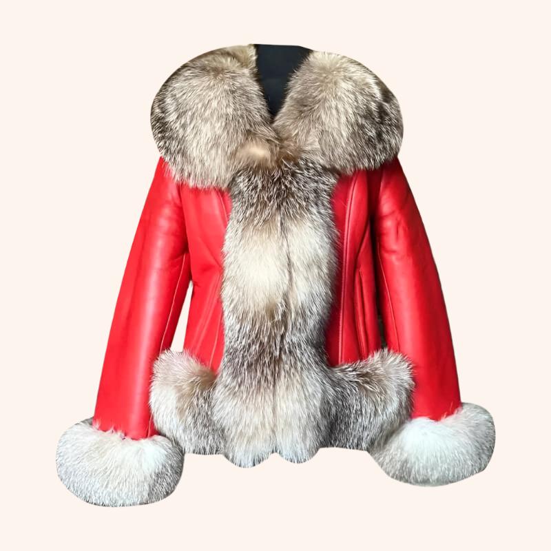 Manteau en peau de mouton rouge pour femme avec fourrure de renard cristal