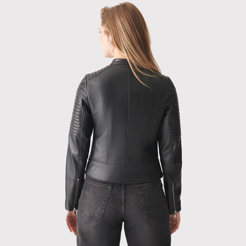 Veste motard en cuir noir sans couture pour femme