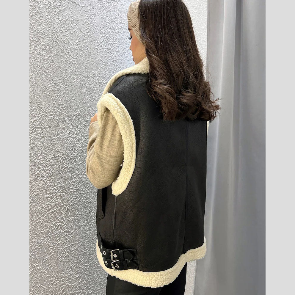 Gilet en peau de mouton pour femme élégant avec col en fourrure et poches - Restez au chaud et à la mode