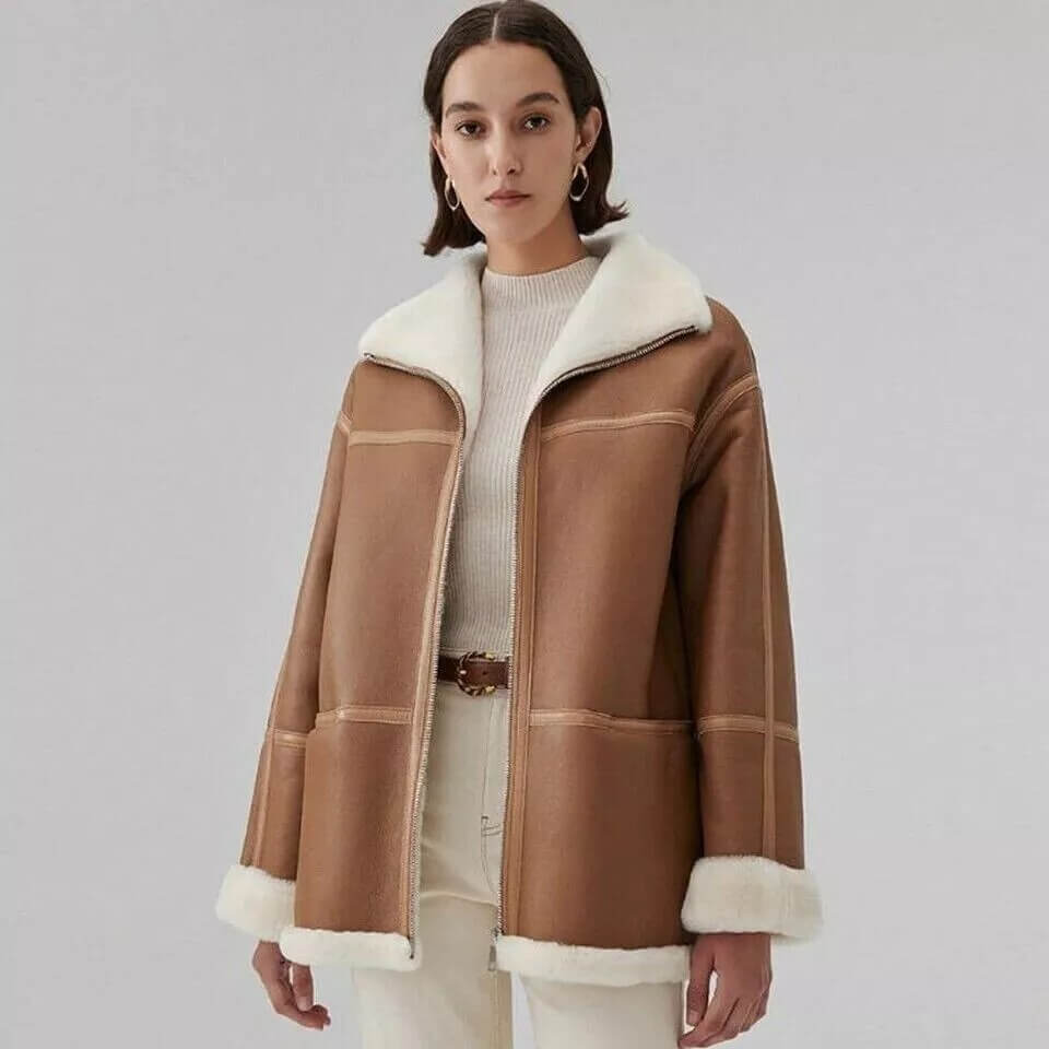 Manteau en peau de mouton véritable marron pour femme