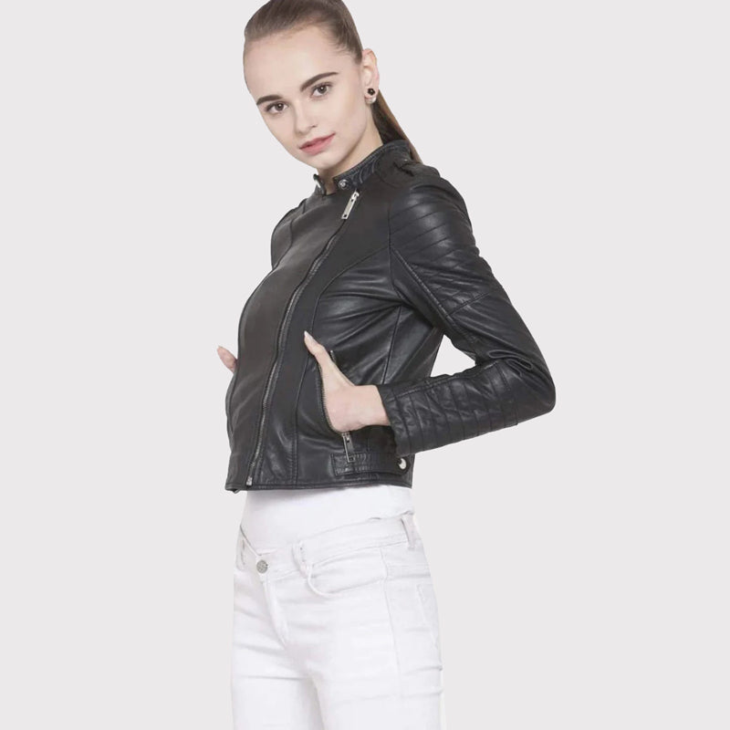 Veste de motard en cuir noir coupe slim pour femme