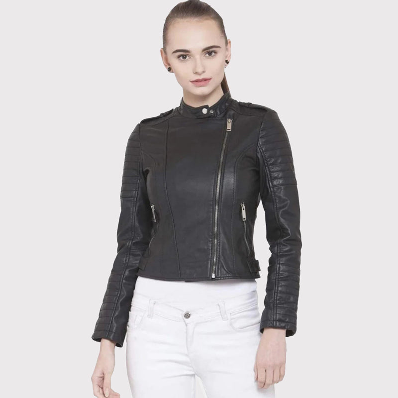 Veste de motard en cuir noir coupe slim pour femme