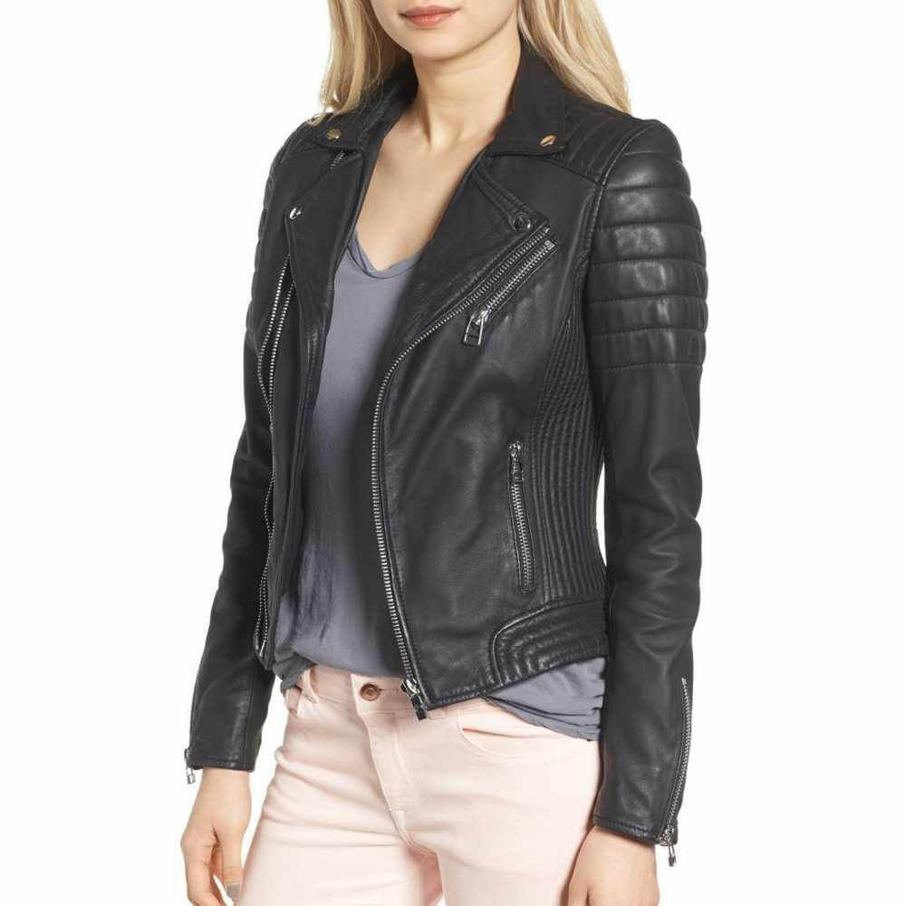 Veste de moto classique en cuir noir coupe slim pour femme