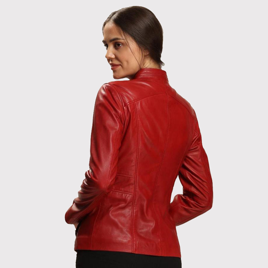 Veste en cuir d'agneau rouge slim et skinny pour femme