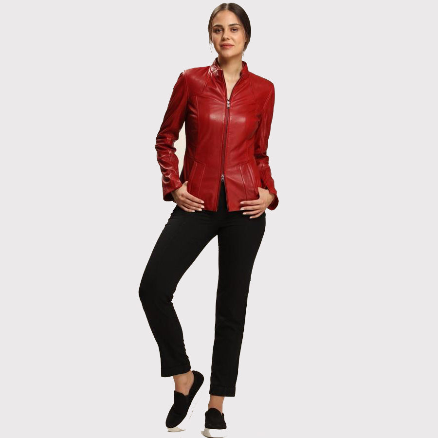 Veste en cuir d'agneau rouge slim et skinny pour femme