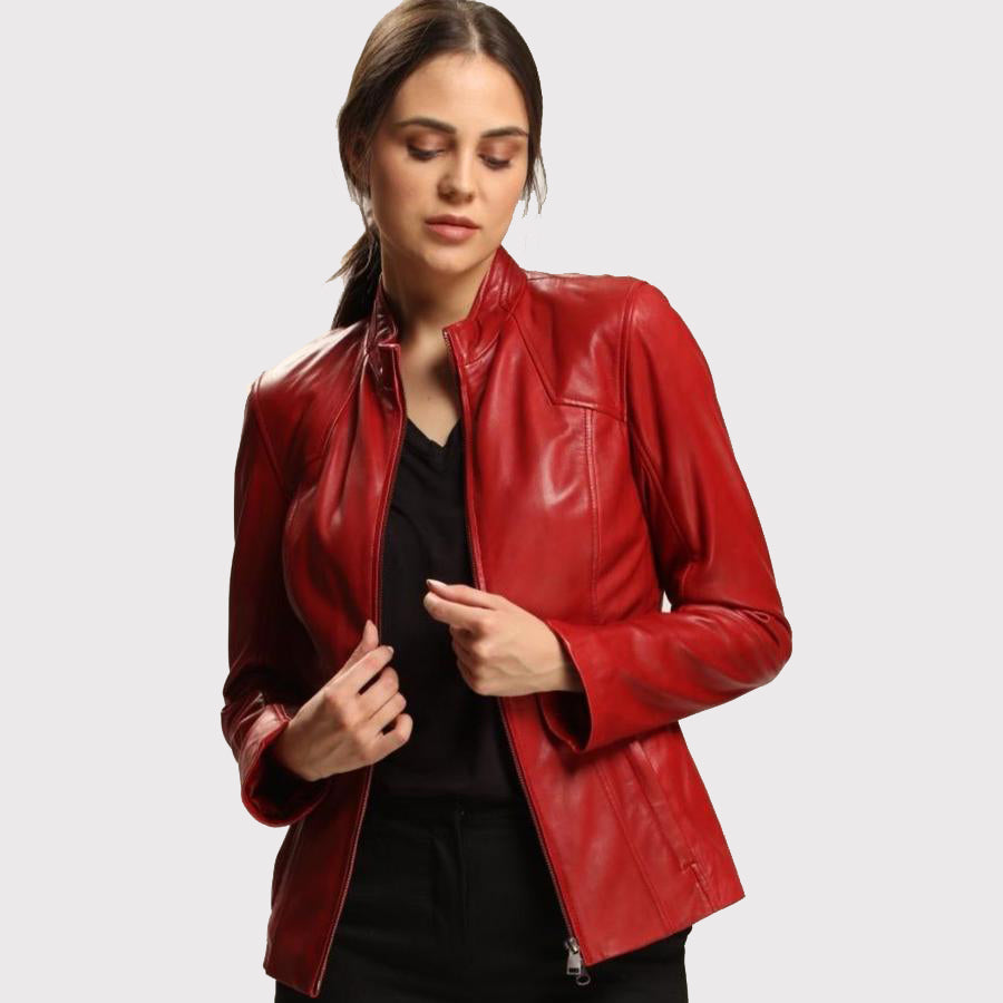 Veste en cuir d'agneau rouge slim et skinny pour femme