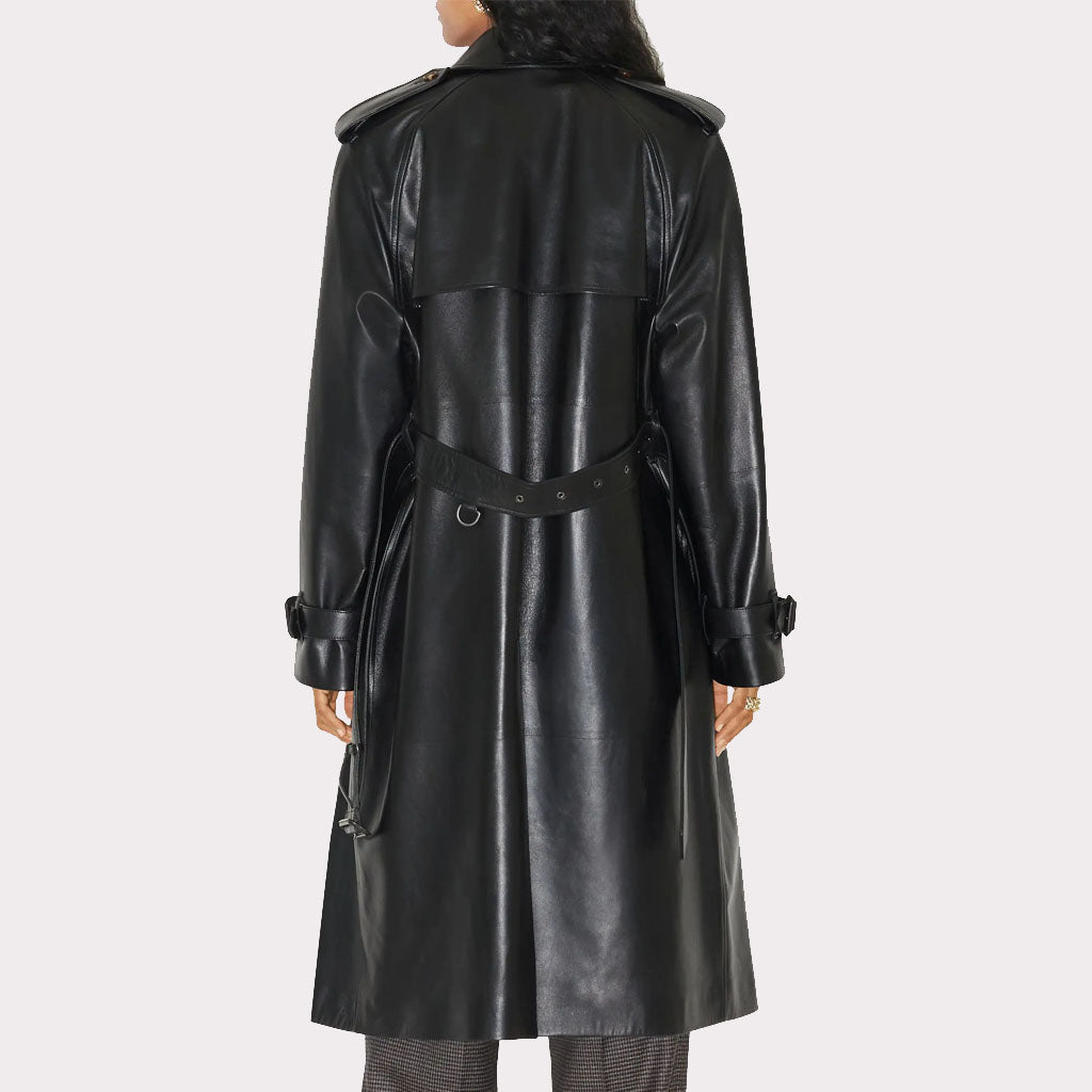 Trench-coat en cuir noir pour femme - Longline Elegance