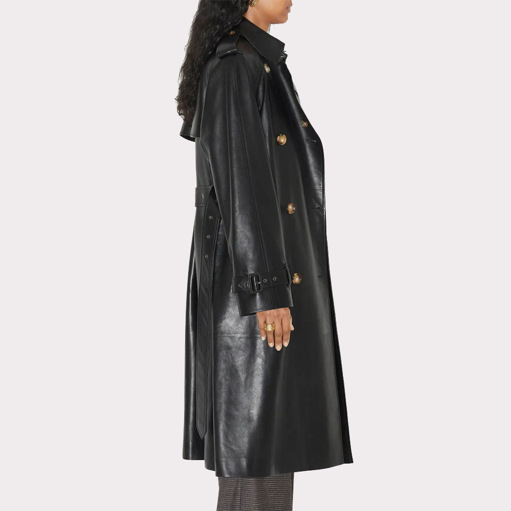 Trench-coat en cuir noir pour femme - Longline Elegance