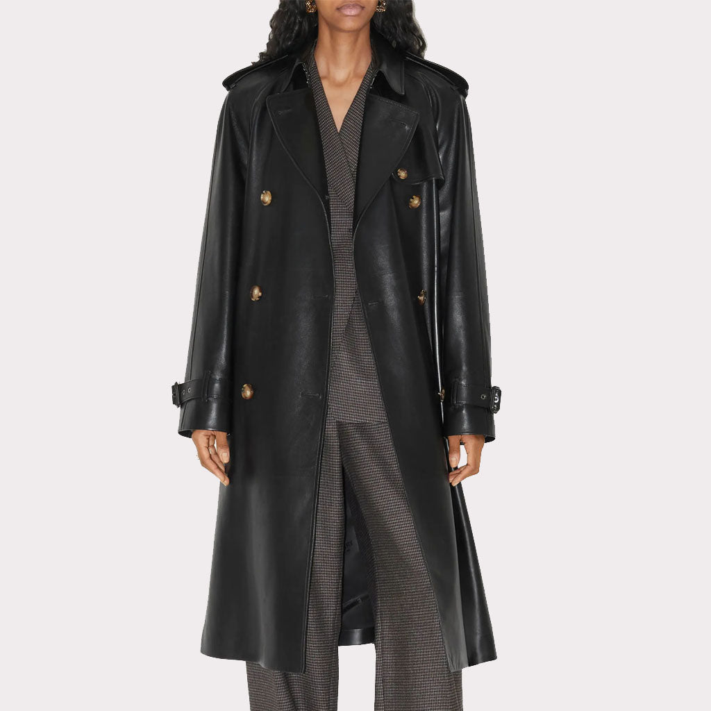 Trench-coat en cuir noir pour femme - Longline Elegance