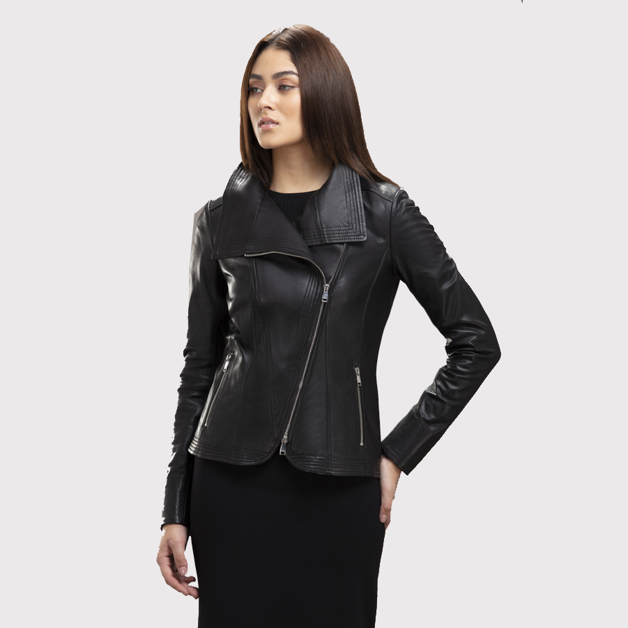 Veste en cuir noir pour femme avec col élégant