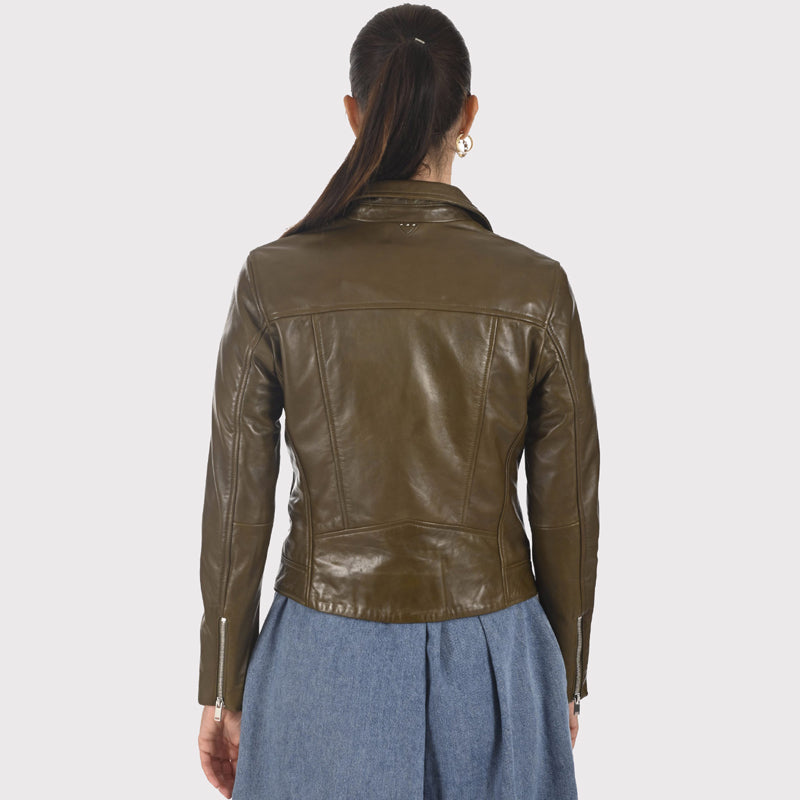 Veste en cuir vert olive élégante pour femme