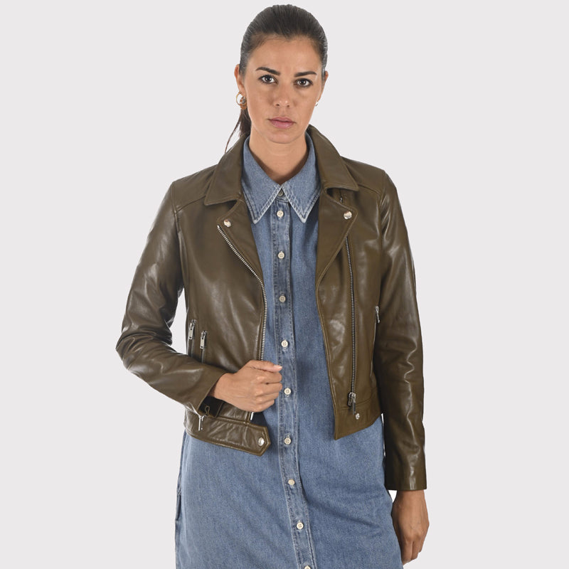 Veste en cuir vert olive élégante pour femme