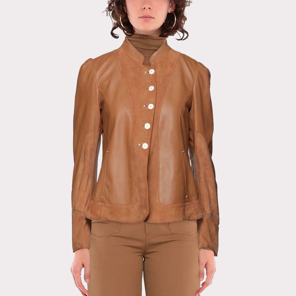 Veste en cuir et daim à simple boutonnage pour femme avec col mao