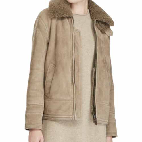 Blouson aviateur en cuir suédé et peau de mouton pour femme