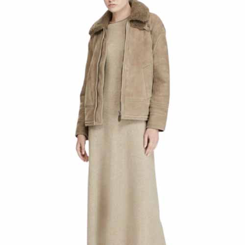 Blouson aviateur en cuir suédé et peau de mouton pour femme