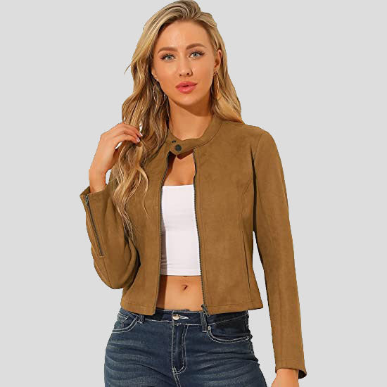 Veste en daim pour femme, col montant, fermeture éclair, manches longues, manteau de motard