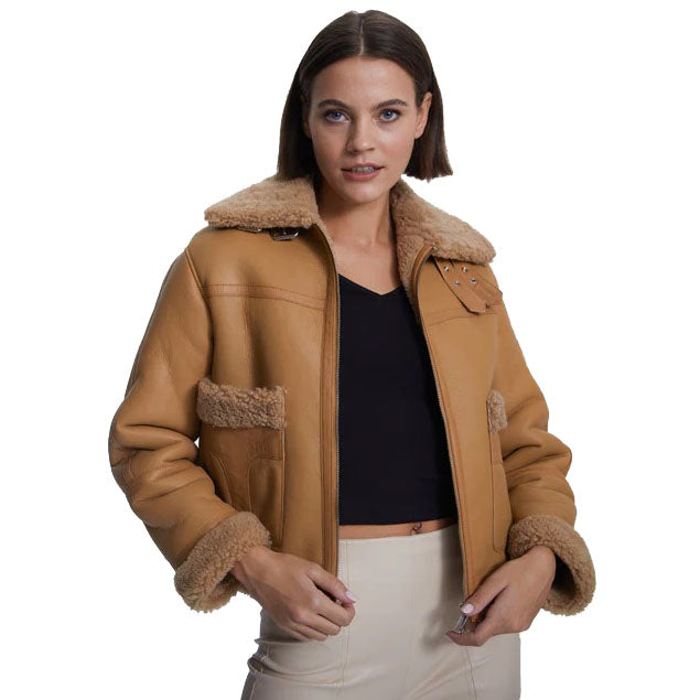 Veste en peau de mouton retournée en daim avec fourrure de vison bouclée pour femme