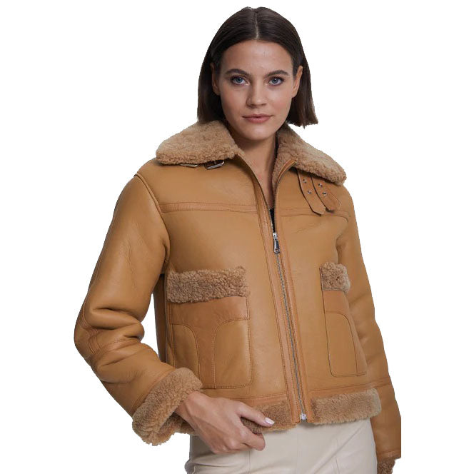 Veste en peau de mouton retournée en daim avec fourrure de vison bouclée pour femme