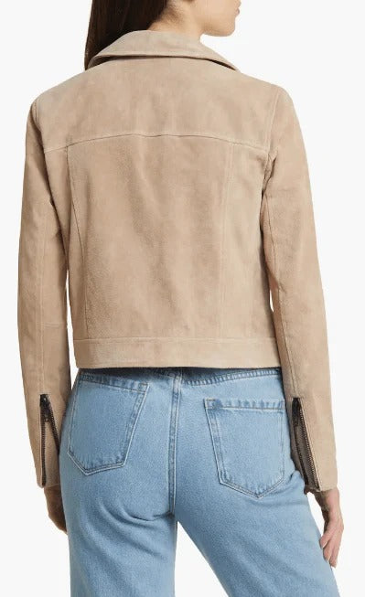 Veste motard en cuir suédé beige pour femme