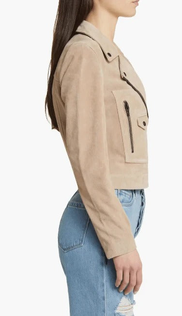 Veste motard en cuir suédé beige pour femme