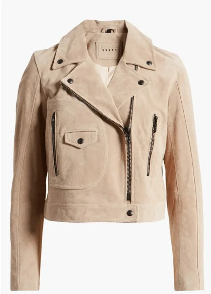 Veste motard en cuir suédé beige pour femme