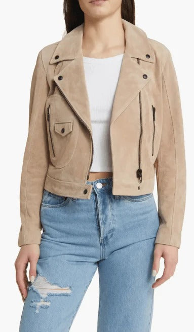 Veste motard en cuir suédé beige pour femme