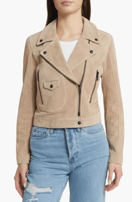 Veste motard en cuir suédé beige pour femme