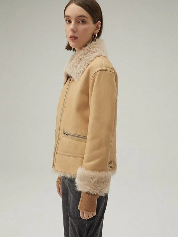 Blouson aviateur en cuir et peau de mouton marron pour femme