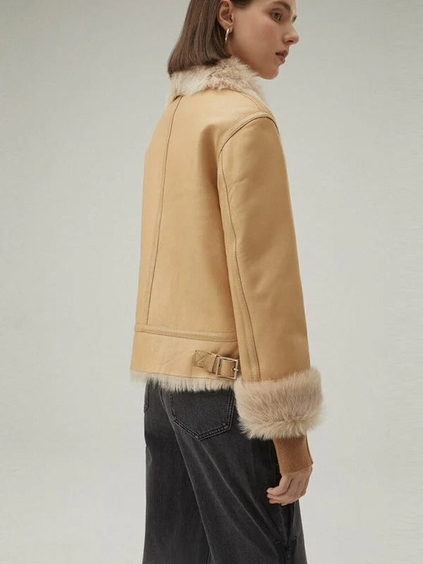 Blouson aviateur en cuir et peau de mouton marron pour femme