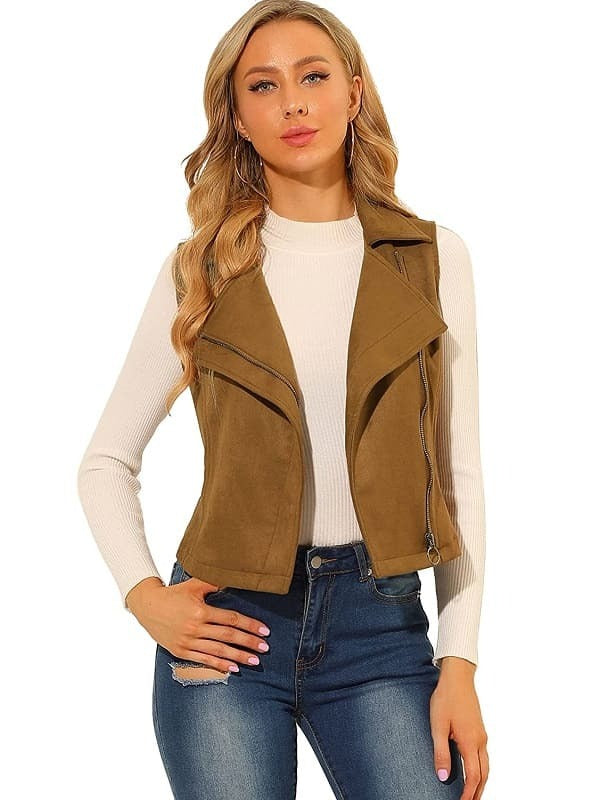 Gilet de motard en cuir suédé marron pour femme