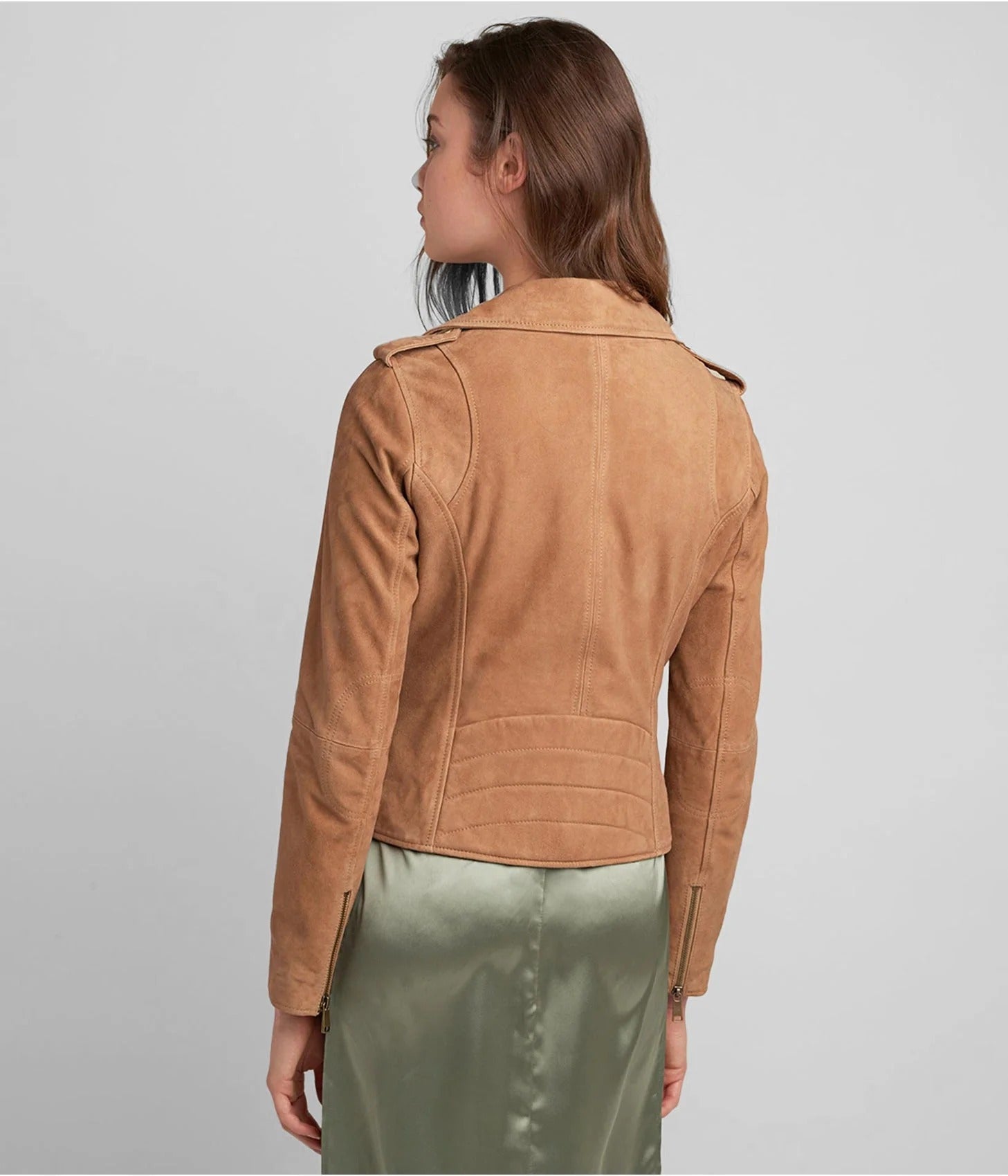 Veste de moto en cuir suédé marron pour femme