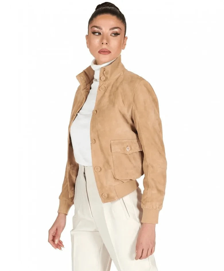 Veste en cuir suédé marron clair pour femme