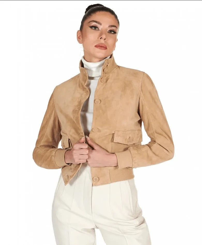 Veste en cuir suédé marron clair pour femme