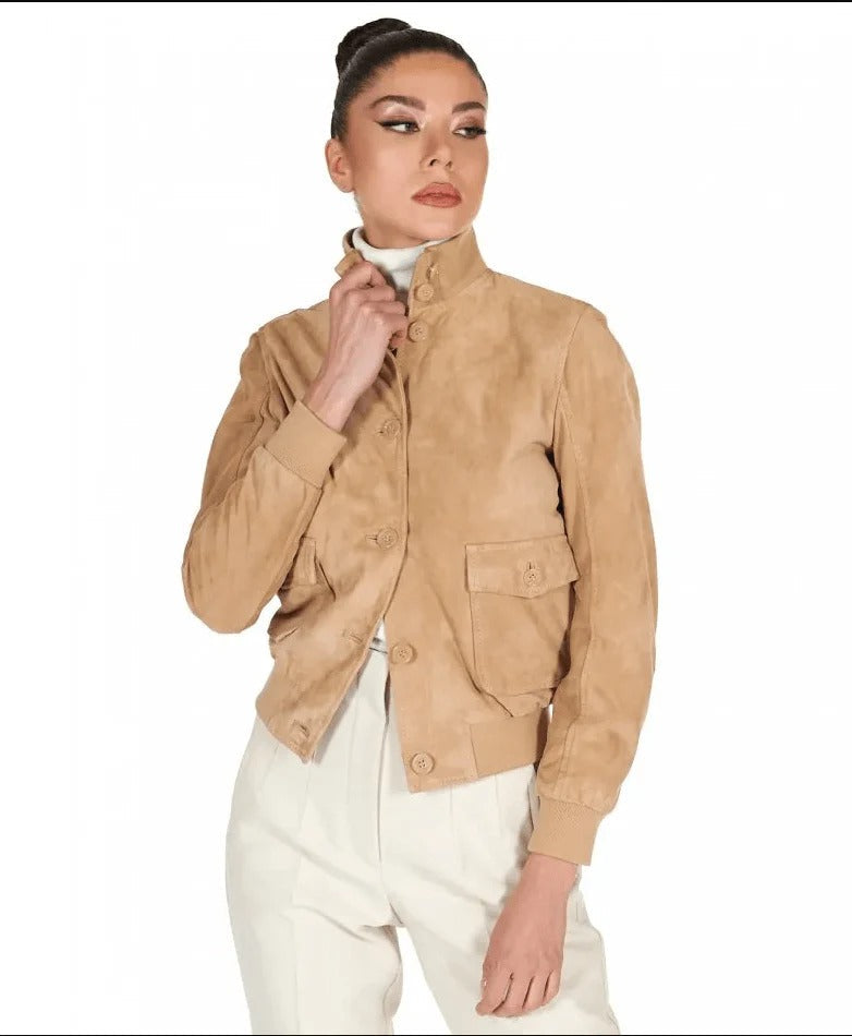 Veste en cuir suédé marron clair pour femme