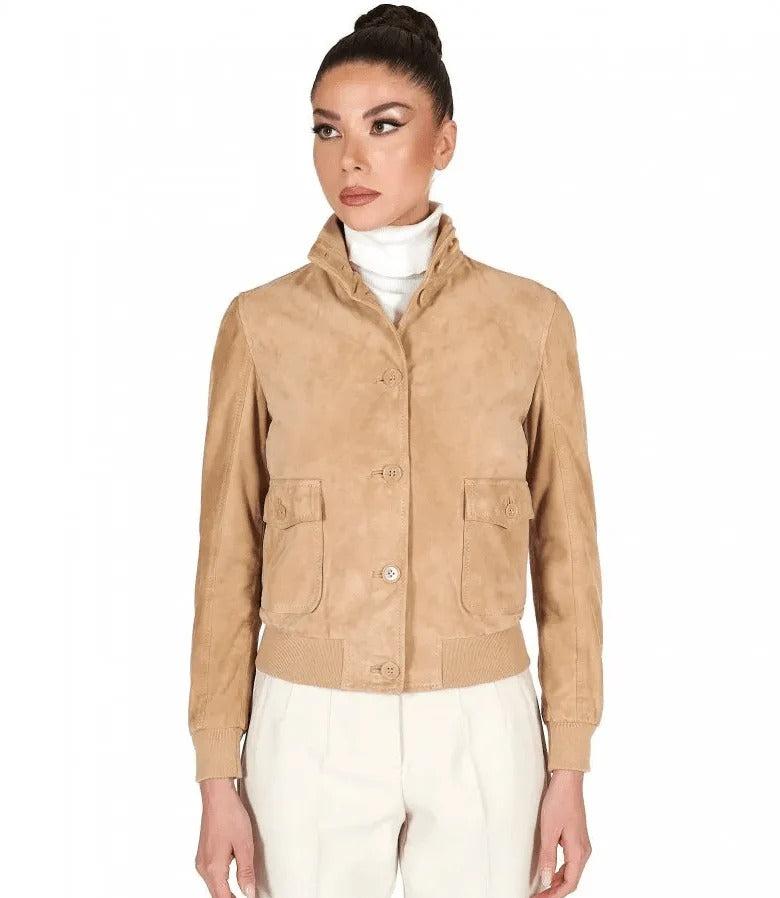 Veste en cuir suédé marron clair pour femme