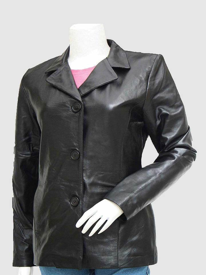 Manteau blazer en cuir noir à trois boutons pour femme de nouvelle conception