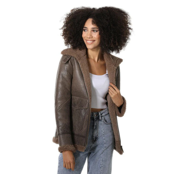 Women's Vintage Sheepskin Bomber Jacket with Cashmere Fur